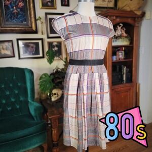 MiMi Fashion Plaid Dress Vintage 80s Gray Orange Purple Geometric Midi‎ Size 9